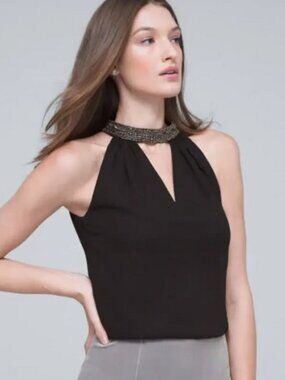 White House Black Market Black Rhinestone Jeweled Halter Top Small